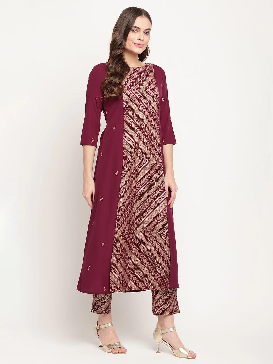 Wine Glitter Print Kurta Trouser Set | Designer Kurta Sets Online