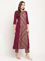 Wine Crepe Gold Glitter Print Kurta Trouser Set-AHKUPN-COMBO-367