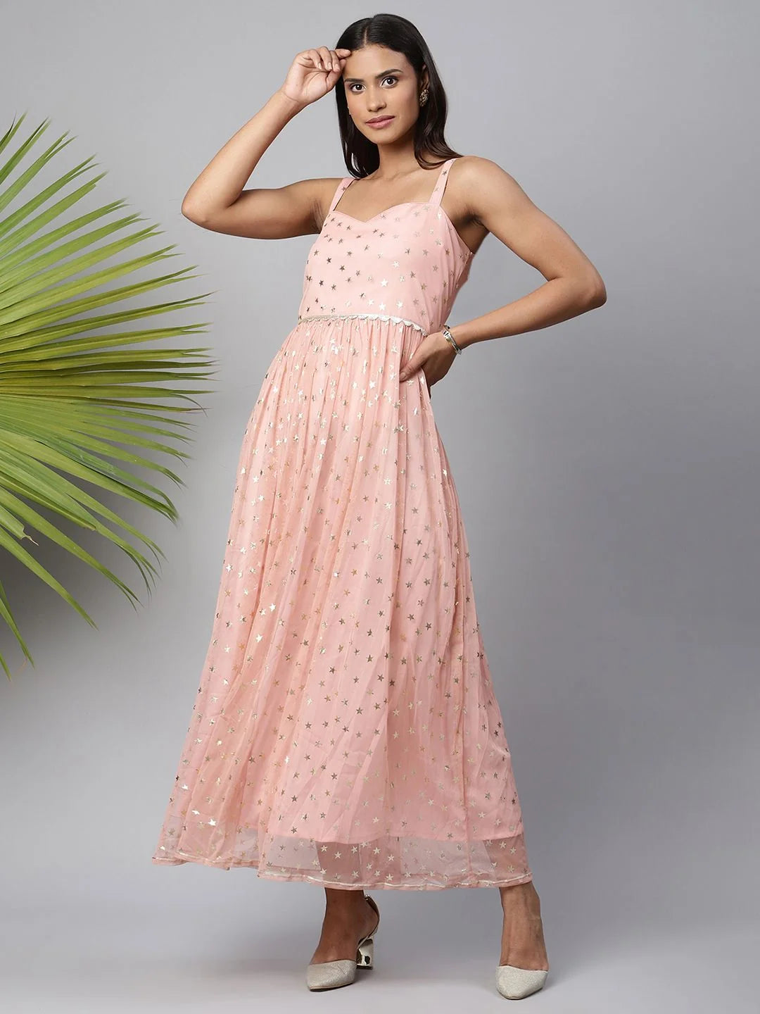 Pink Net Gold Foil Print Dress | Indian Dresses