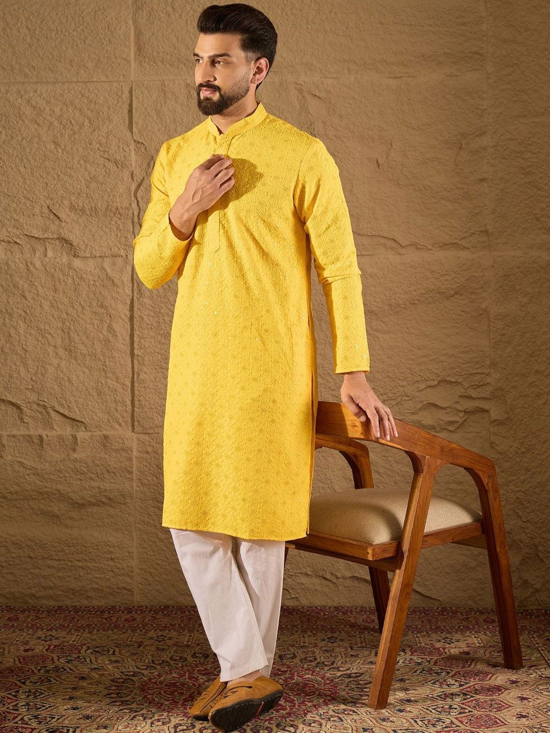 Ethnic Bay Men Yellow Viscose Rayon Solid Embroidered Straight Kurta With Pant Set-MKSET1212