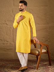 Ethnic Bay Men Yellow Viscose Rayon Solid Embroidered Straight Kurta With Pant Set-MKSET1212
