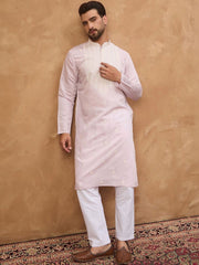 Ethnic Bay Men Lavender Silk Blend Solid Embroidered Straight Kurta With Pant Set-MKSET1448