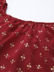 Maroon Cotton Blend Gold Printed Dress-AHDRGRFP-925