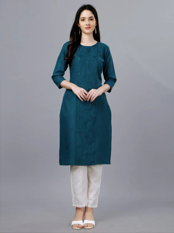 Blue Straight Embroidered Kurti-1001