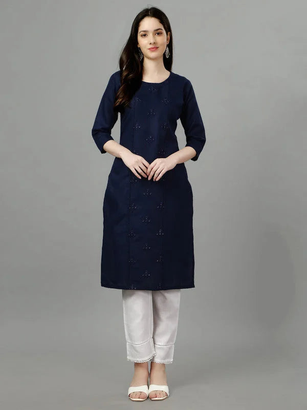 Dark Blue Straight Embroidered Kurti-1002