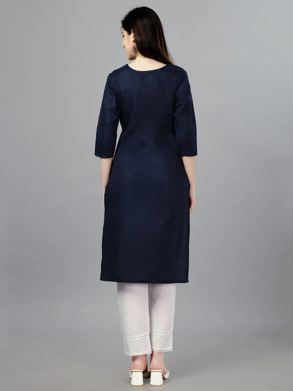 Dark Blue Cotton Kurta - Embroidered Indian Kurti for Women