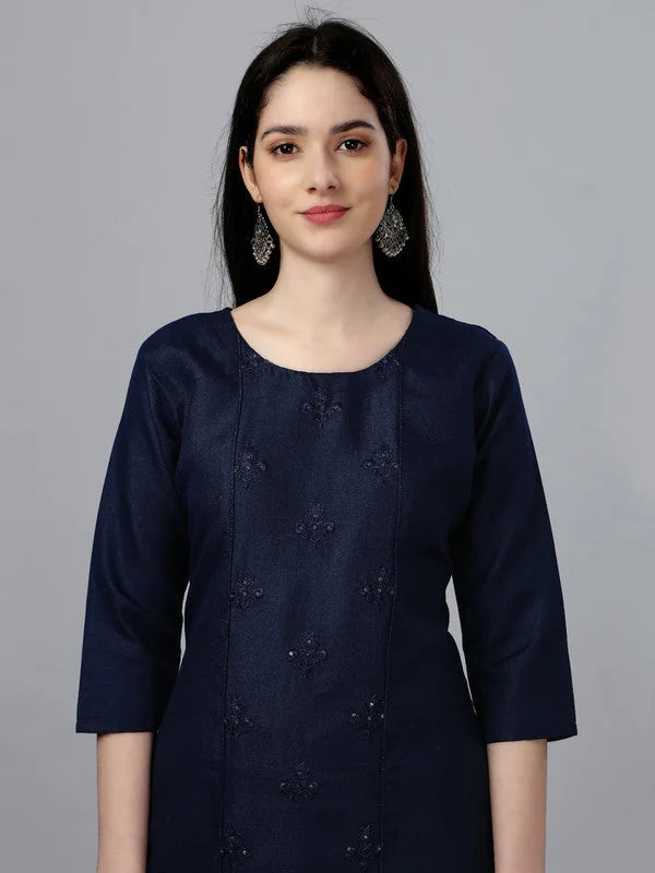 Dark Blue Cotton Kurta - Embroidered Indian Kurti for Women