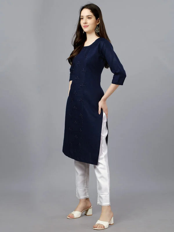Dark Blue Cotton Kurta - Embroidered Indian Kurti for Women