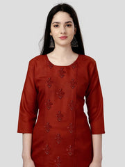 Orange Straight Embroidered Kurti-1003