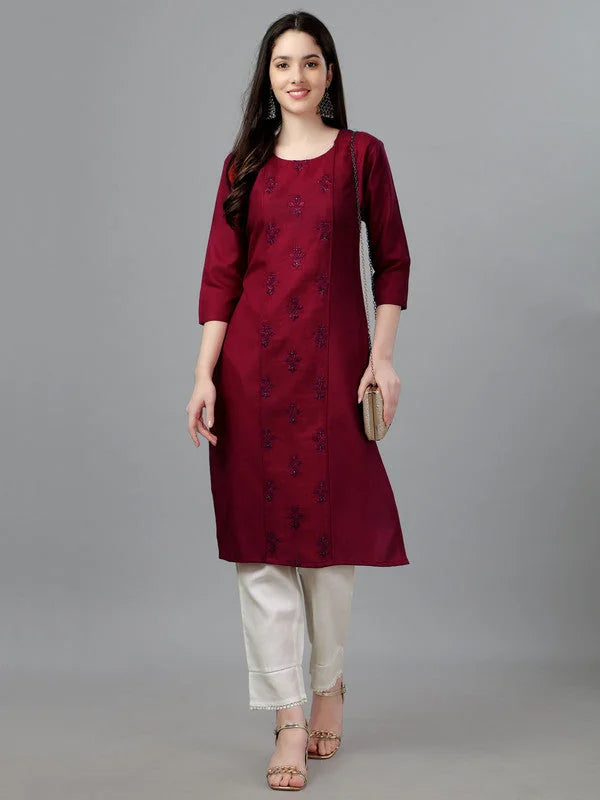 Maroon Straight Embroidered Kurti-1004