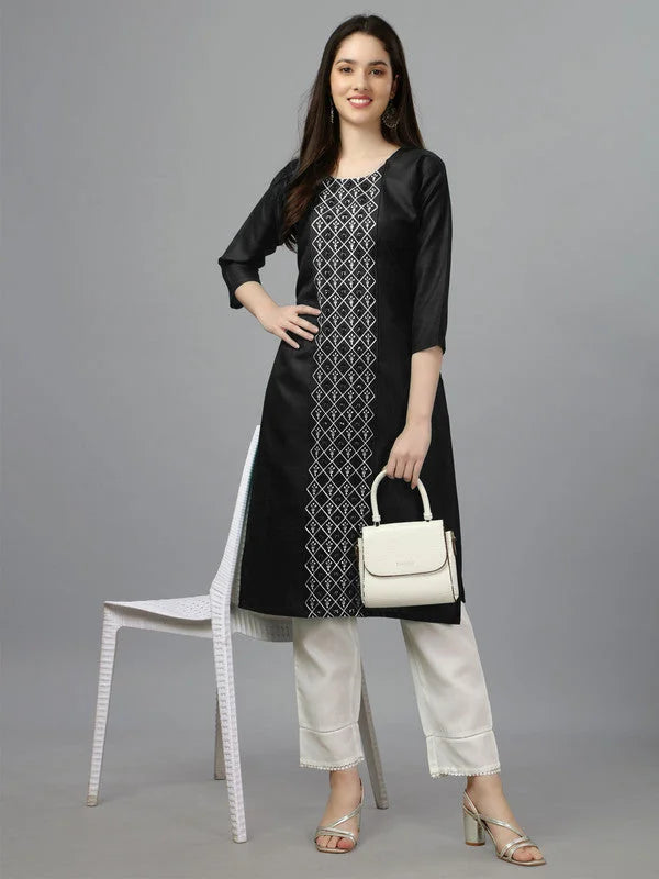 Black Straight Embroidered Kurti-1006