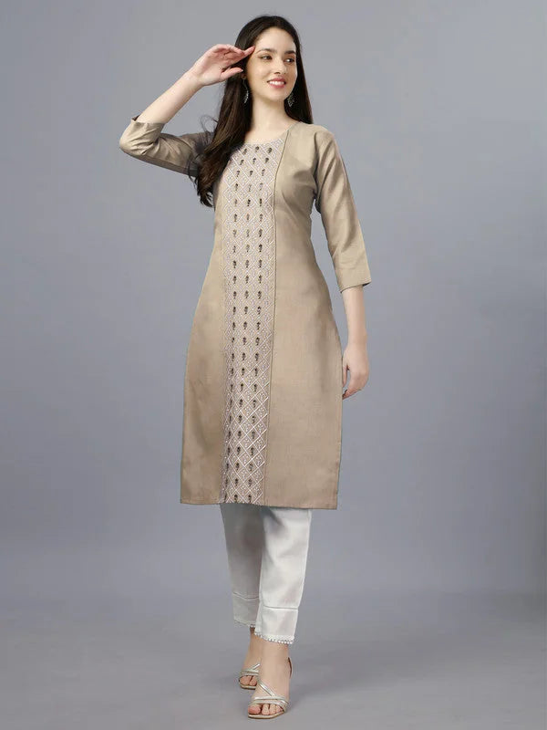 Brown Embroidered Kurti | Cotton Indian Kurta for Ladies