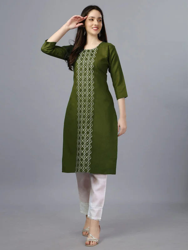 Green Straight Embroidered Kurti-1006