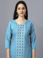 Blue Straight Embroidered Kurti-1006