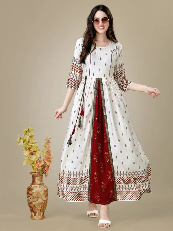 White Rayon Anarkali Kurta - Chic Indian Kurta for Ladies
