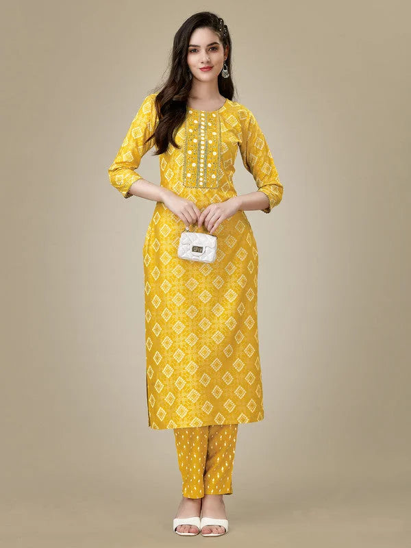 Yellow Embroidered Rayon Women's Kurta Pant Set | Indian Sets