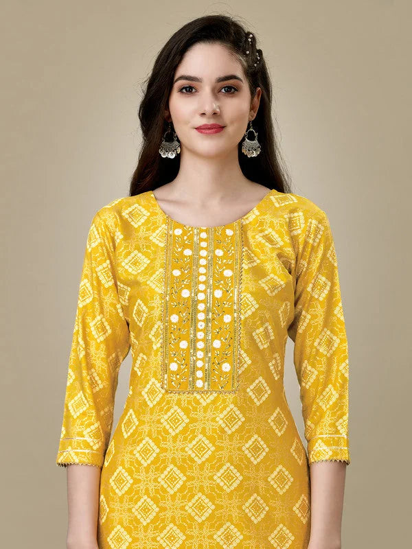 Yellow Embroidered Rayon Women's Kurta Pant Set | Indian Sets