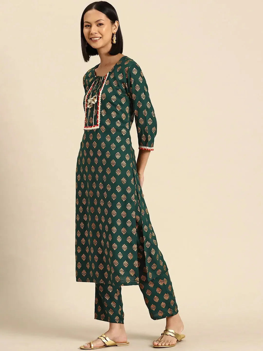 Bottle Green Print Kurta Pyajama with Gota Work | Rayon Shirts