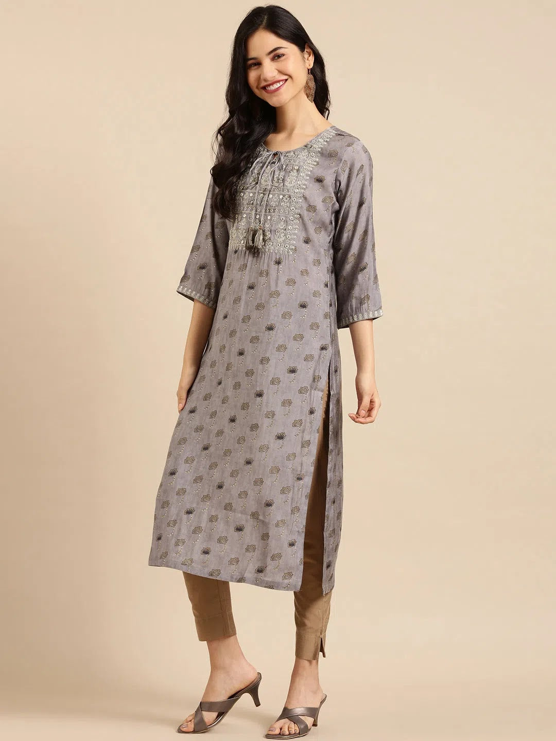 Grey Printed Polyester Indian Kurta for Women - DesiQlo