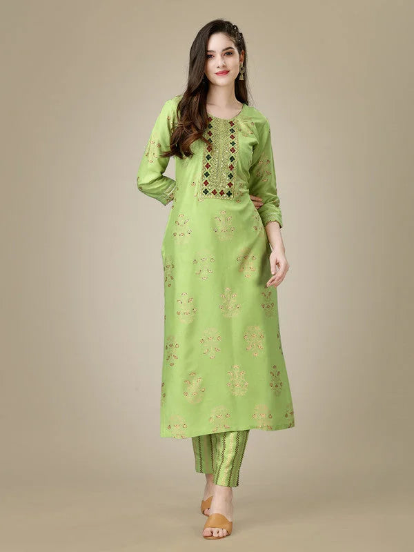 Green Embroidered Rayon Women's Kurta Pant Set | Indian Sets
