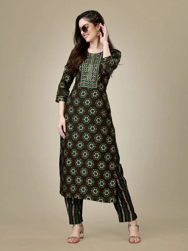 Dark Coffee Embroidered Women Kurta Pant Set-DarkCoffee1024