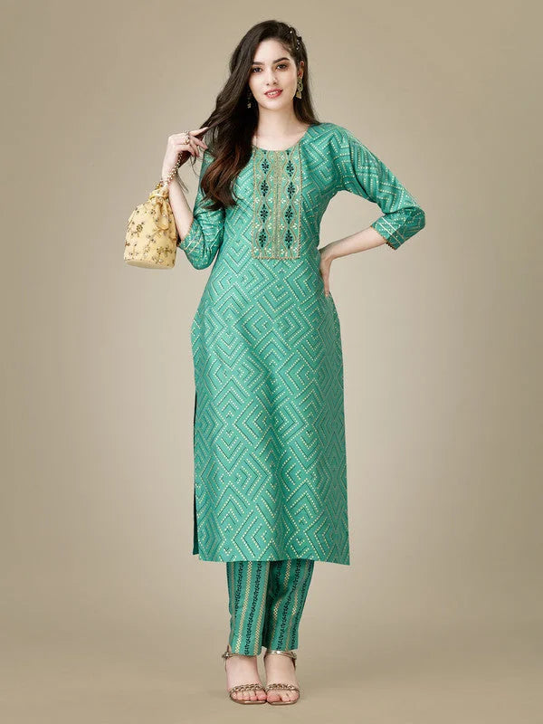 Green Embroidered Women's Kurta Pant Set | Cotton Kurta Sets