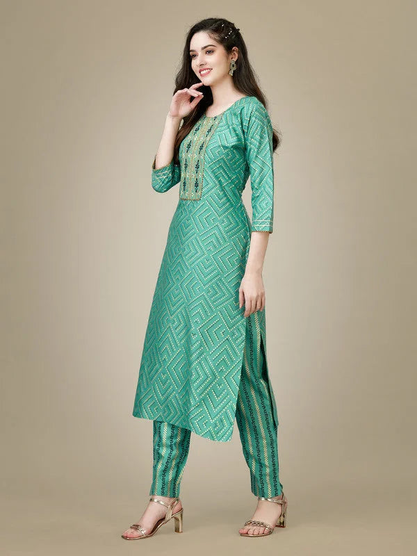 Green Embroidered Women's Kurta Pant Set | Cotton Kurta Sets