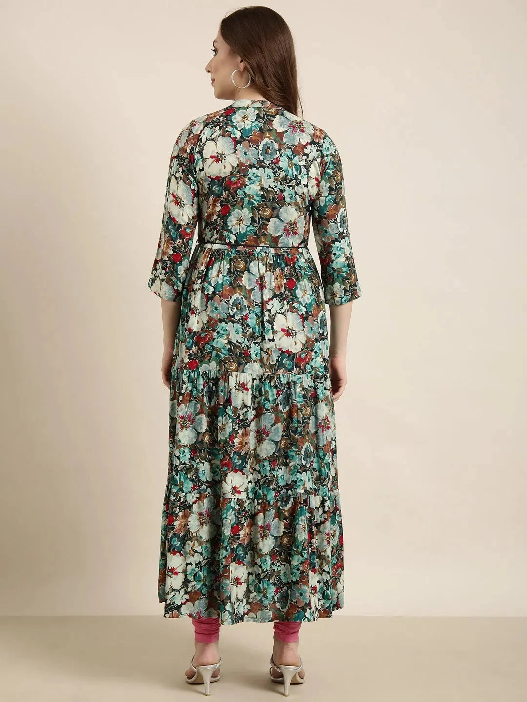 Teal Floral Anarkali Kurti for Women - Cotton Anarkali Dress