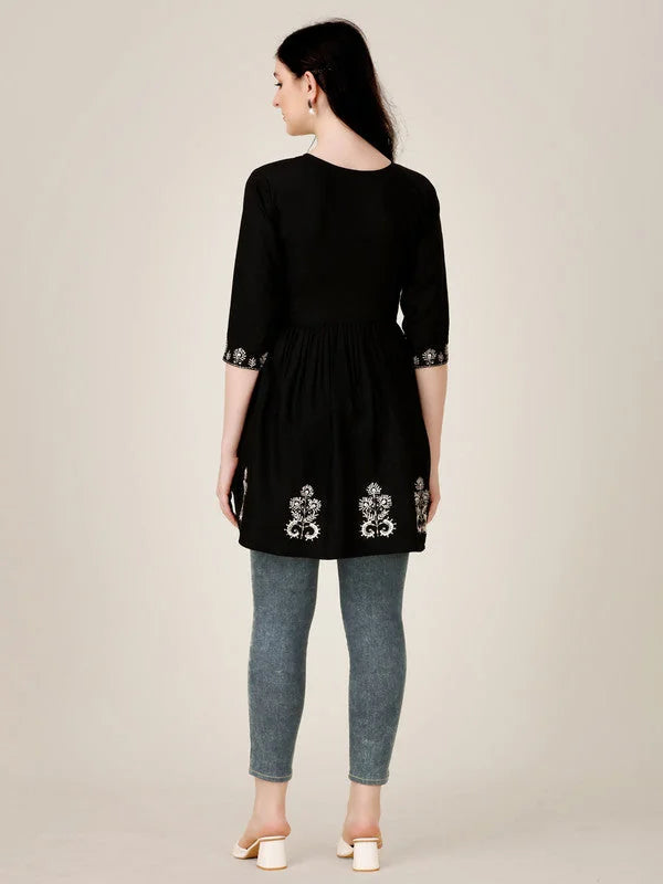 Black Embroidered Rayon Tunic Top | Indian Kurta Ladies Shop