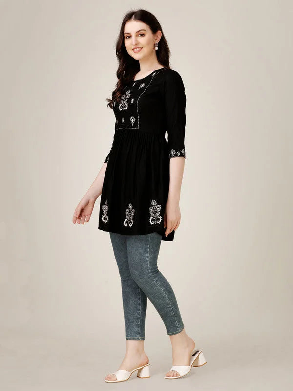 Black Embroidered Rayon Tunic Top | Indian Kurta Ladies Shop