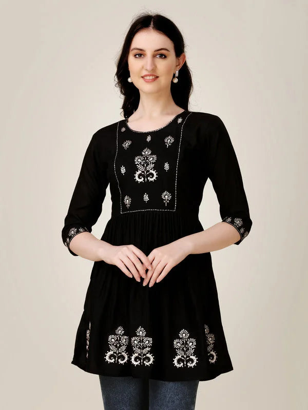 Black Embroidered Rayon Tunic Top | Indian Kurta Ladies Shop