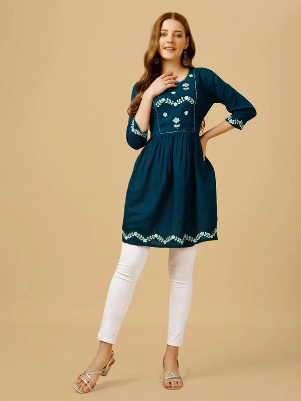 Blue Embroidered Tunic Top for Women - Indian Kurta Ladies