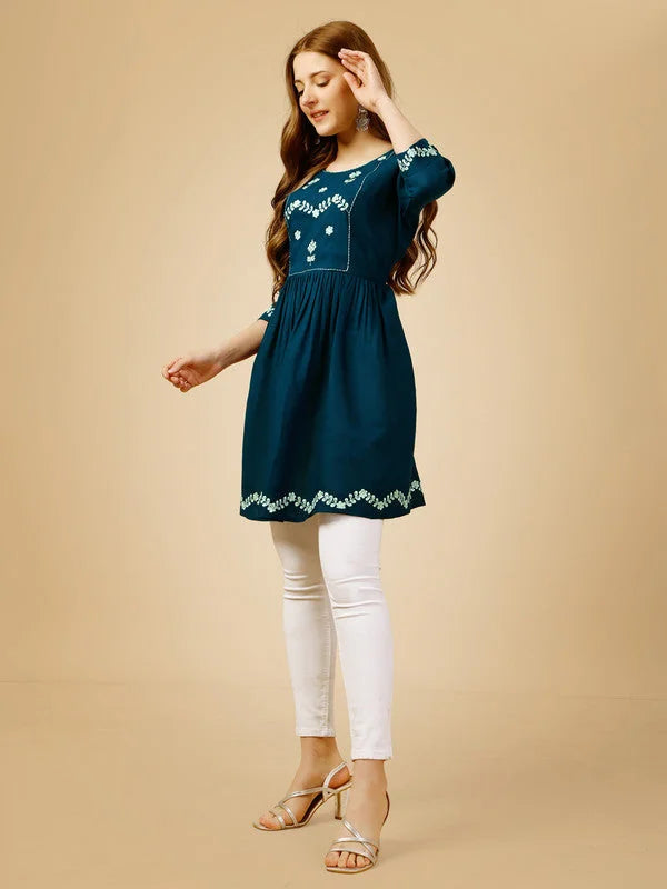 Blue Embroidered Tunic Top for Women - Indian Kurta Ladies