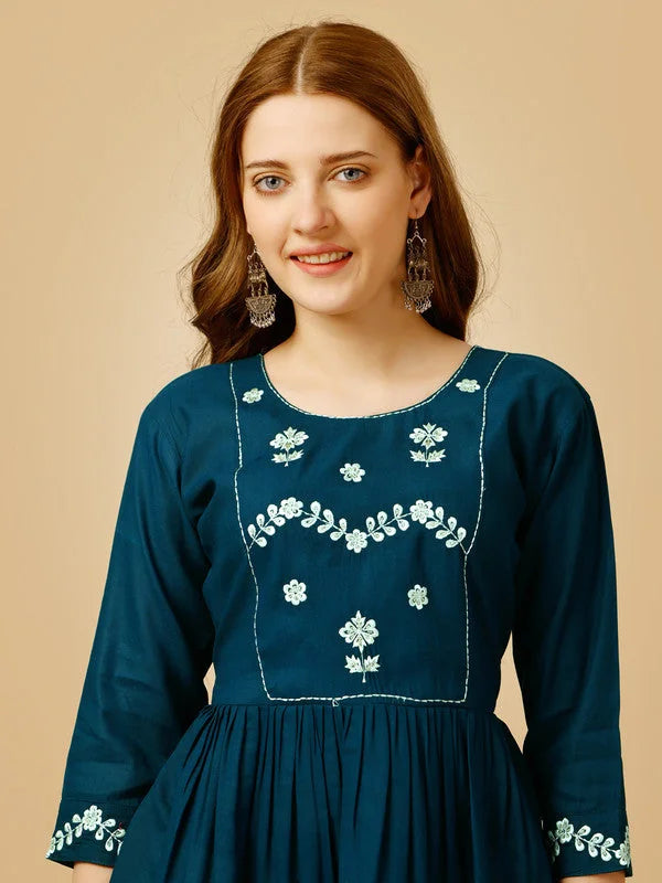 Blue Embroidered Tunic Top for Women - Indian Kurta Ladies