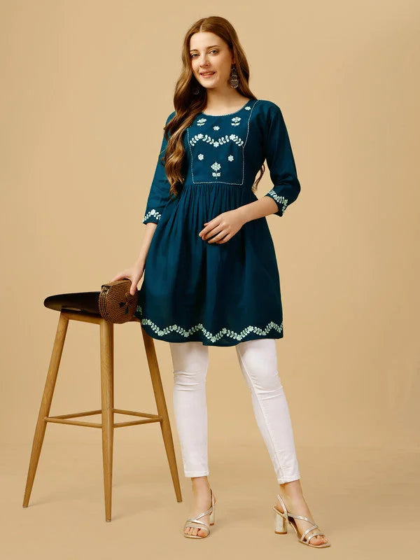 Blue Embroidered Tunic Top for Women - Indian Kurta Ladies