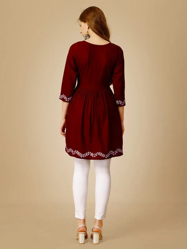 Maroon Embroidered Tunic Top - Indian Kurta for Ladies Online