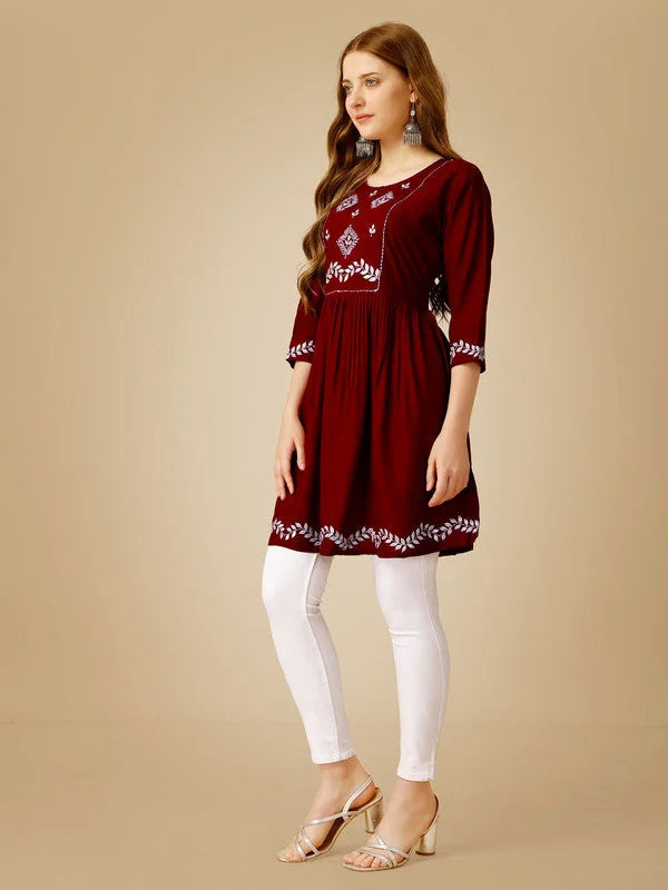 Maroon Embroidered Tunic Top - Indian Kurta for Ladies Online