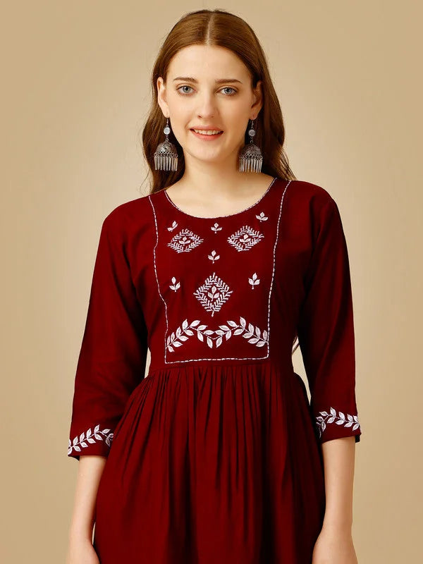 Maroon Embroidered Tunic Top - Indian Kurta for Ladies Online