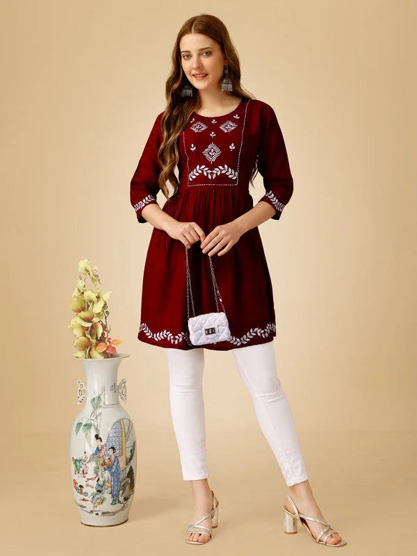 Maroon Embroidered Tunic Top - Indian Kurta for Ladies Online