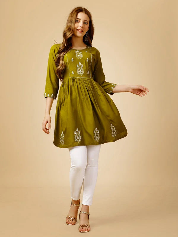 Green Embroidered Tunic Top | Rayon Indian Kurta for Women Online