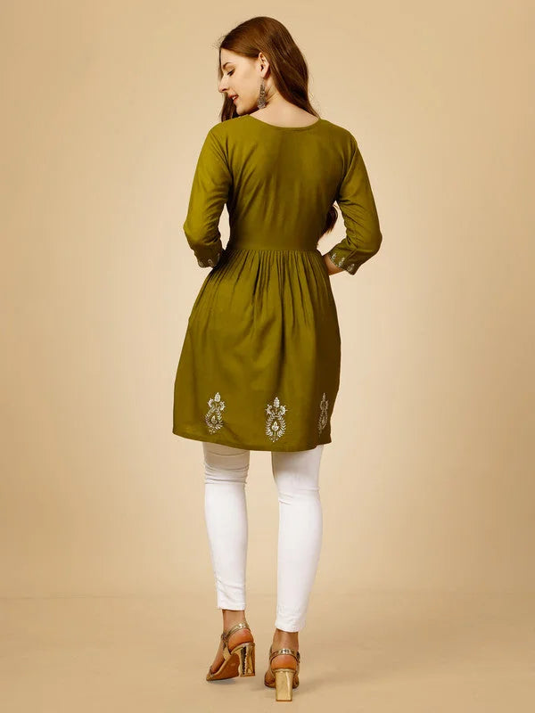 Green Embroidered Tunic Top | Rayon Indian Kurta for Women Online