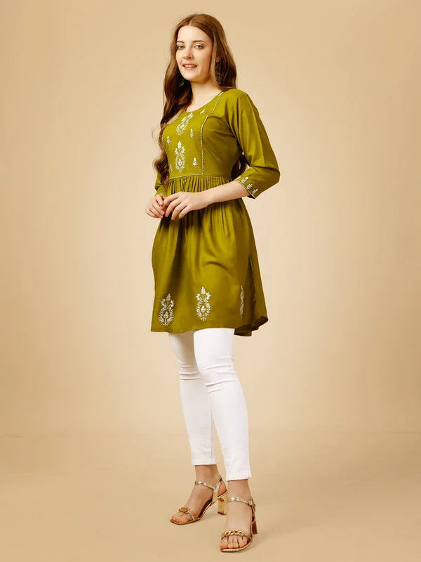 Green Embroidered Tunic Top | Rayon Indian Kurta for Women Online