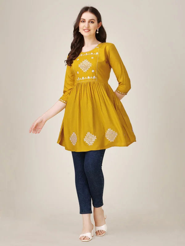 Yellow Embroidered Women Top-1050