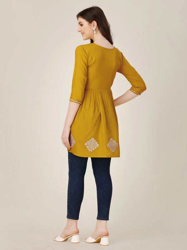 Yellow Embroidered Rayon Tunic Top | Indian Kurta Ladies Online