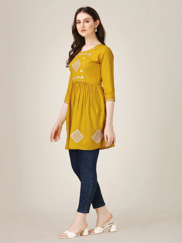 Yellow Embroidered Rayon Tunic Top | Indian Kurta Ladies Online