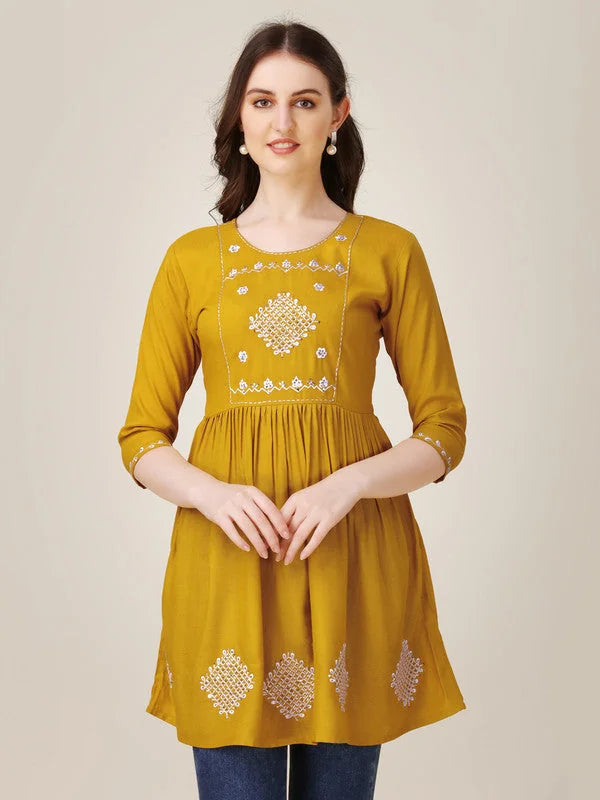 Yellow Embroidered Rayon Tunic Top | Indian Kurta Ladies Online