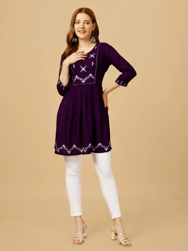 Purple Embroidered Tunic Top - Indian Kurta Ladies for Women