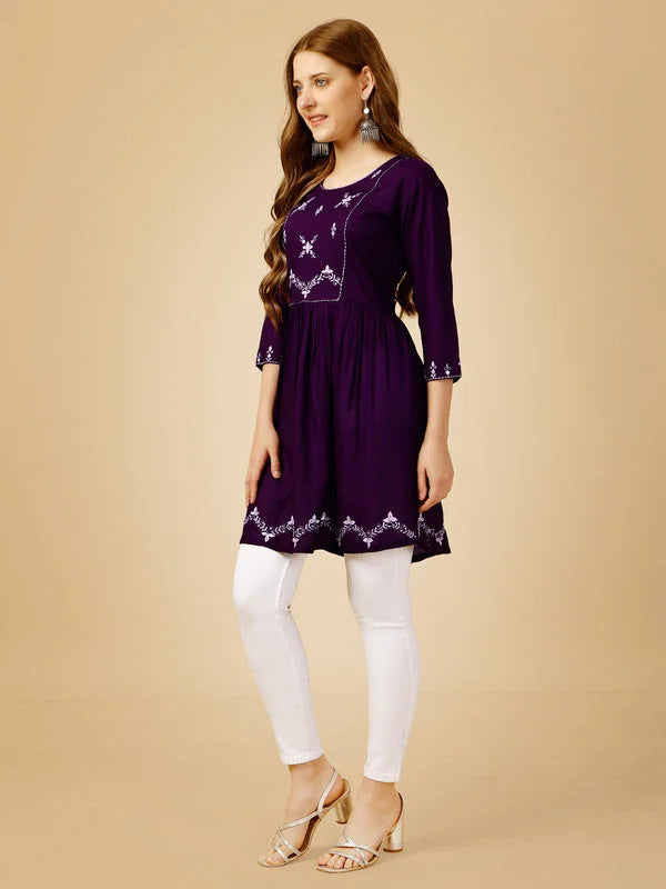 Purple Embroidered Tunic Top - Indian Kurta Ladies for Women