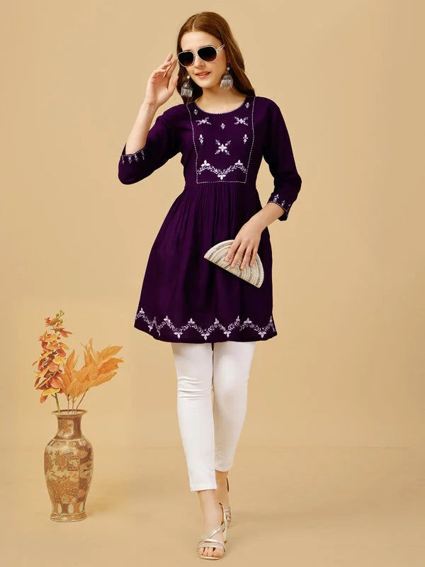 Purple Embroidered Tunic Top - Indian Kurta Ladies for Women