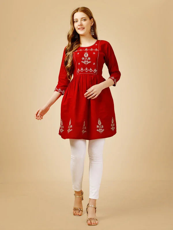 Red Embroidered Women Top-1050